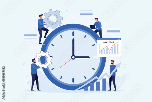 Teamwork and time management people collaborating around a large clock illustration