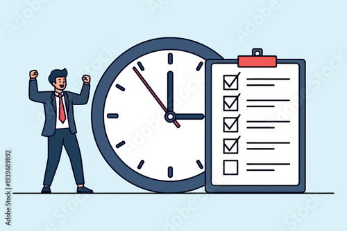 Successful businessman celebrating completion of tasks on time near a large clock