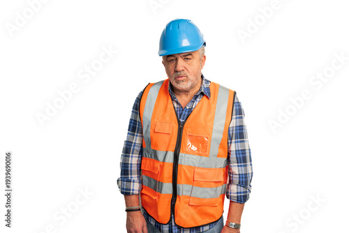 Senior laborer standing on a white background, wearing an orange safety vest and blue hard hat, representing themes of experience, dedication, and the aging workforce