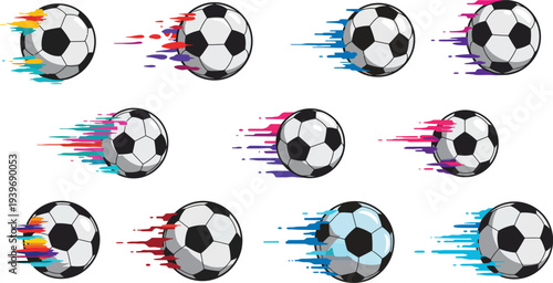 Soccer balls with colorful streaks and motion blur on white background