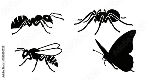 Insect Silhouettes Collection: Ant, Wasp, and Butterfly Vector Icons