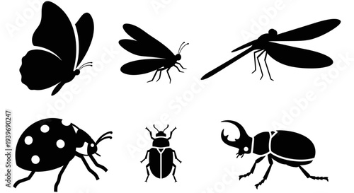 Insect Silhouettes Collection: Butterfly, Dragonfly, Ladybug, and Beetle Icons Set