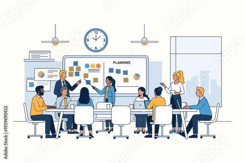 Team brainstorming session in a modern office space with a planning board