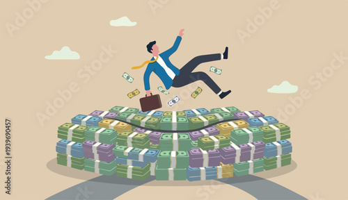  Insurance, reserve money or emergency fund on business failure, mistake accident, compensation money support cushion concept, fail businessman falling huge money banknotes safety cushion