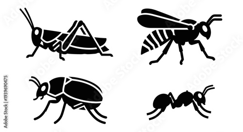 Insect silhouettes set including grasshopper, wasp, beetle, and ant vector icons