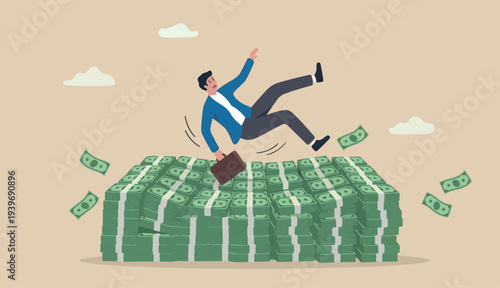 Insurance, reserve money or emergency fund on business failure, mistake or accident, compensation or money support and cushion concept, fail businessman falling on huge big desk money banknotes safety