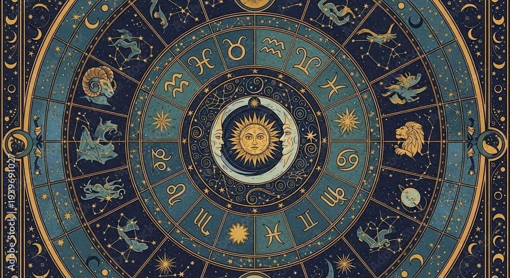 Obraz premium Astrological Wheel with Zodiac Signs and Symbols.