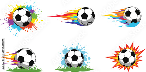 Six soccer balls with colorful motion effects on white background in different dynamic positions and angles with grass