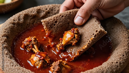 Extreme closeup of hand tearing spongy Injera bread, dipping piece into rich, oily red Doro Wat chicken stew sauce, high contrast, vibrant Ethiopian food