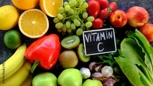 Products containing vitamin C. Selective focus.