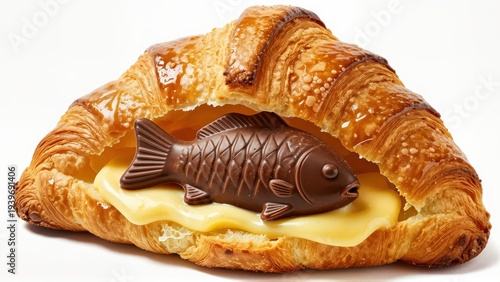 Crosssection view of a golden-brown, flaky French croissant with a detailed, dark chocolate fish sculpture perfectly nestled inside.