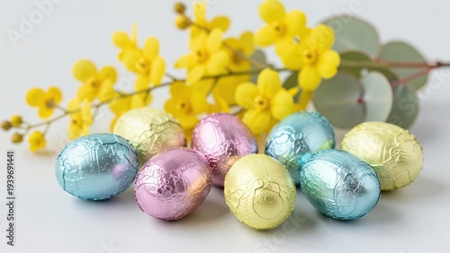 Delicate arrangement of pastel-coloured miniature foil chocolate eggs nestled between bright yellow wattle flowers and silvery-green eucalyptus foliage
