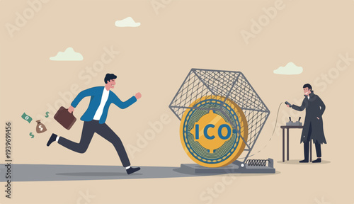 Crypto scams or fraud, liar create ICO initial coin offering baiting greed investors trader concept, greedy businessman running grab bating cryptocurrency coin scam
