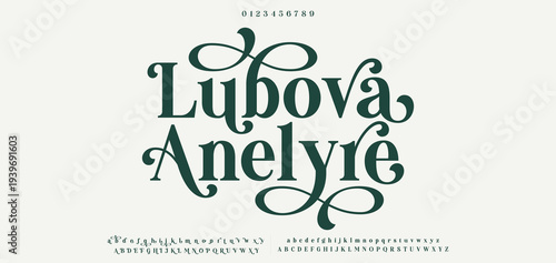 Lubova Anelyre Luxury wedding alphabet letters font with tails. Typography elegant classic serif fonts and number decorative vintage retro concept for logo branding. vector illustration