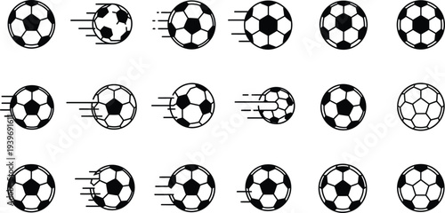 Collection of soccer balls rotating and morphing in various stages of transformation