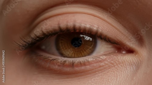 Detailed macro photograph of a human eye with dark brown iris