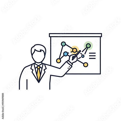 Business professional explaining data trends and statistics on a presentation board.