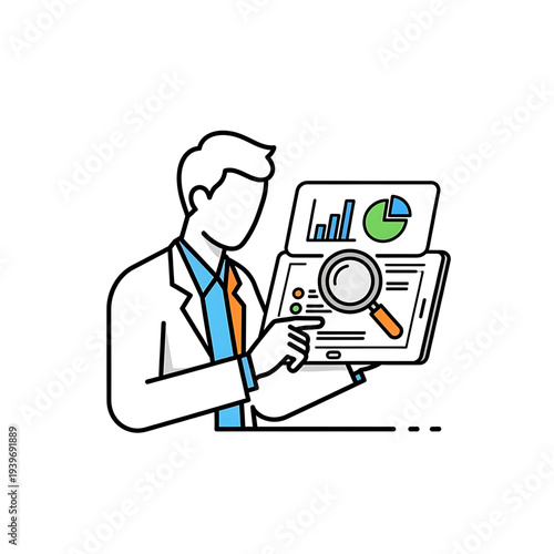 Analyst studying charts and financial reports on a digital tablet device.
