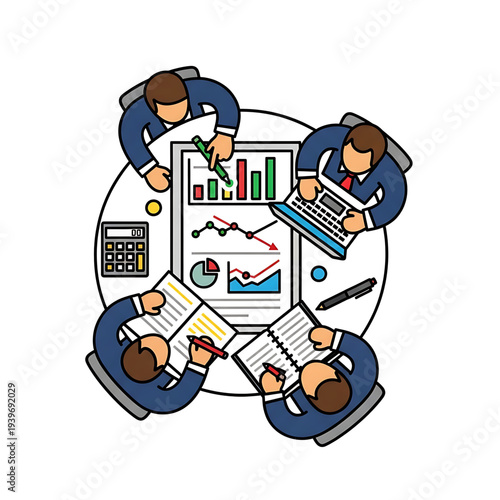 Team of analysts working together around a table with charts and reports.