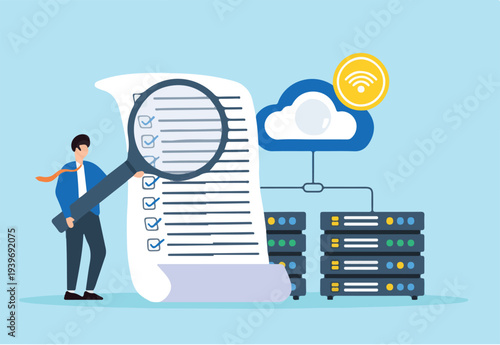 Flat illustration of system administrator performing security audit on corporate network infrastructure