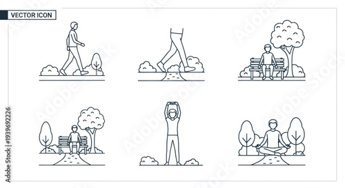 Line art vector icon set of people enjoying outdoor activities like walking stretching and meditating in a park.