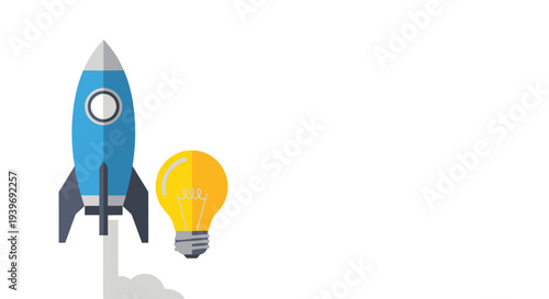 Blue rocket and yellow light bulb symbolizing startup innovation.
