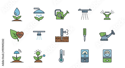 A colorful set of line icons representing smart farming modern agriculture and automated irrigation systems.