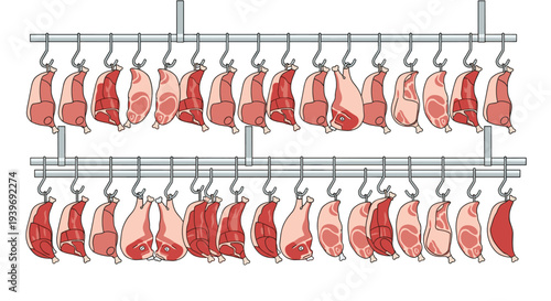 Numerous uniform cuts of raw light red meat are densely hanging from individual metal hooks on two parallel rails against a clean white background.