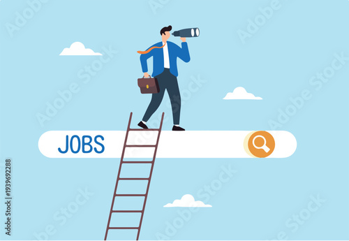 Flat illustration of businessman climb up ladder to job search bar with binocular on sky seeking new employment opportunity
