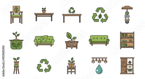 A collection of eco-friendly furniture and sustainable living colored outline icons.