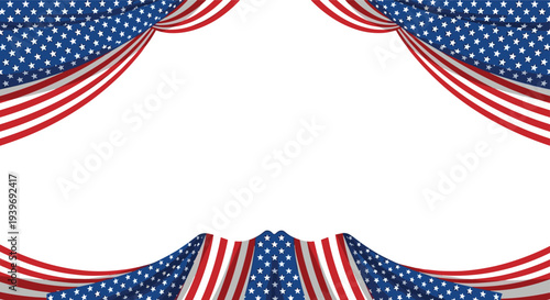 A patriotic American flag-themed curtain border with red, white, and blue fabric drapes framing a central blank white space.