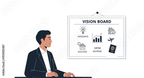 A young businessman in a suit looks at his vision board with goals for success and growth.
