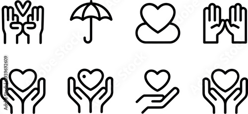 Collection of diverse outline icons representing charity care and protection symbols isolated on transparent background