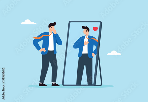 Flat illustration of confident businessman looking at mirror with admiration symbolizing self-love self-esteem and positive thinking