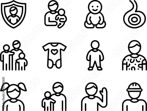 Collection of diverse outline icons representing family members baby clothing and protective symbols for user interface design