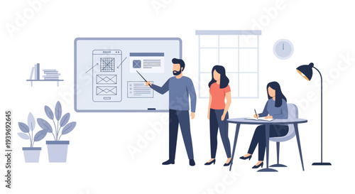 Team collaborating on a digital design project in a modern office setting.