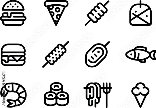 Collection of diverse delicious food icons representing fast food and seafood options