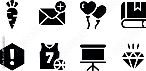 Collection of eight diverse black icons representing various concepts on a clean white background