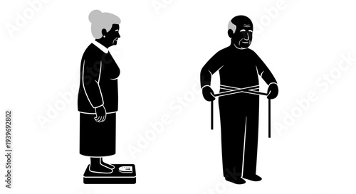 Elderly Couple Weight Loss and Measurement Vector Illustration: Senior Woman on Scale and Man Measuring Waist for Health and Fitness Concepts