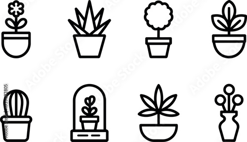 Collection of eight simple outline icons depicting various potted plants and flowers isolated on transparent background