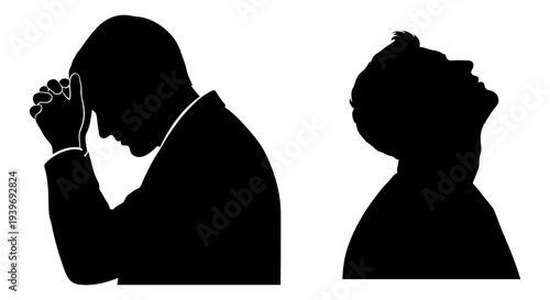 Black silhouette vector illustration of two men showing different emotional states: one with head down and hands clasped in prayer or despair, and another with head tilted back looking up