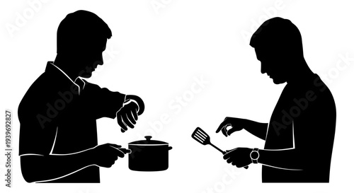 Two black silhouette vector illustrations of men cooking, one stirring a pot and the other holding a spatula, ideal for culinary or food preparation concepts.