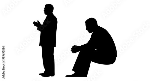 Two black vector silhouettes of men, one standing and clapping, the other sitting with hands clasped, isolated on a white background for business and lifestyle concepts.