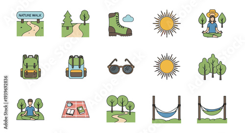 Set of colorful flat design icons for nature hiking camping and outdoor activities.