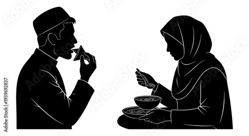 Black and white vector silhouette illustration of a Muslim man eating a date and a Muslim woman eating soup, depicting Iftar or breaking fast during Ramadan.