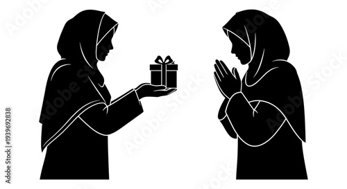 Black silhouette vector illustration of a Muslim woman giving a gift box to another woman in a respectful gesture, ideal for Islamic holiday designs and cultural celebrations.