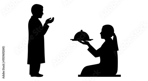Black silhouette vector illustration of a person standing with hands open in prayer or receiving, and another person kneeling while offering a covered dish, depicting service or charity.