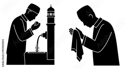 Set of 2 Islamic Wudu Ritual Silhouettes Vector Illustration for Ablution Before Prayer, Featuring Muslim Men Washing Hands and Face at a Fountain