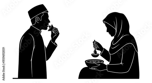 Black and white vector illustration of a Muslim man eating and a Muslim woman preparing food, depicting Islamic lifestyle and daily activities.