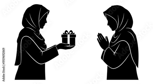 Black and white vector silhouette of a Muslim woman in hijab giving a gift to another woman showing gratitude, symbolizing generosity and appreciation.